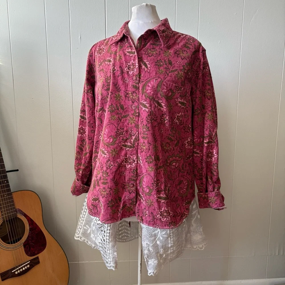 Grateful Dead Inspired Upcycled Button-down with Crochet Hem - Picture 3 of 11